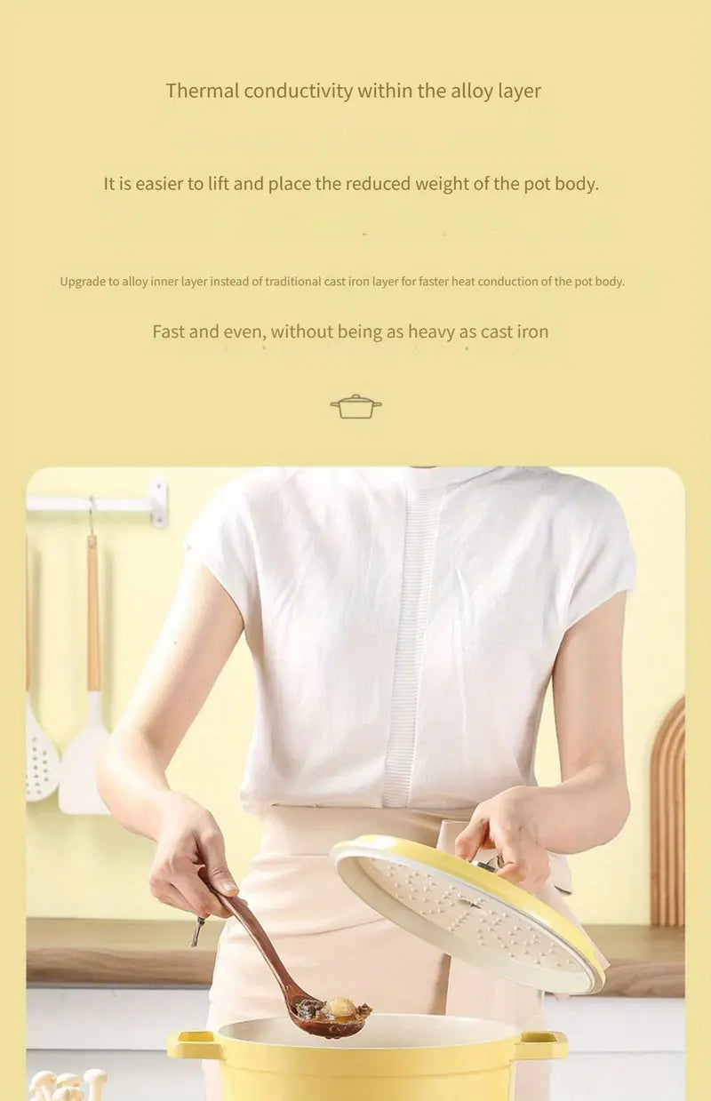 Olla de sopa de esmalte antiadherente versátil con tapa, asas dobles de aluminio fundido, recubrimiento cerámico para cocinas domésticas, detalles del revestimiento interior de cerámica 0