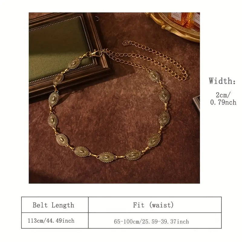 boho carved metal waistband vintage golden silvery adjustable chain belts jewelry dress girdle for women daily use details 5