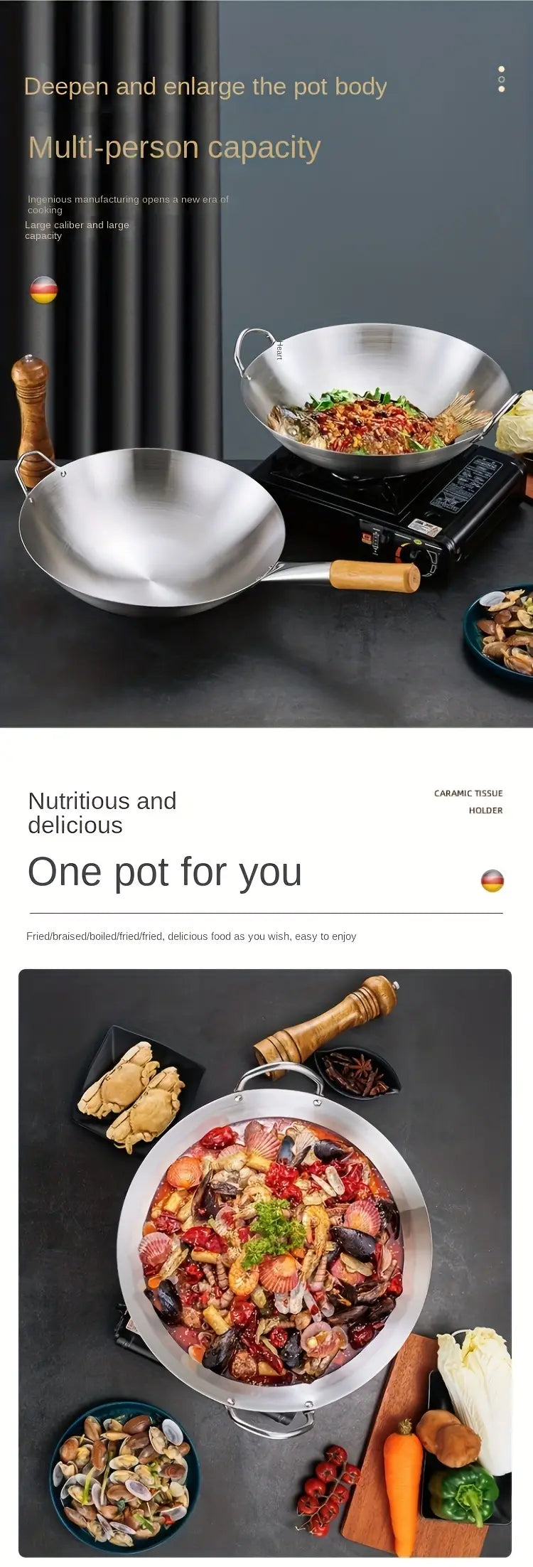 40см большой wok из нержавеющей стали с двойными ручками, утолщённый, поварской кастрюль для приготовления пищи, легко использовать, для коммерческого и домашнего использования, детали 4