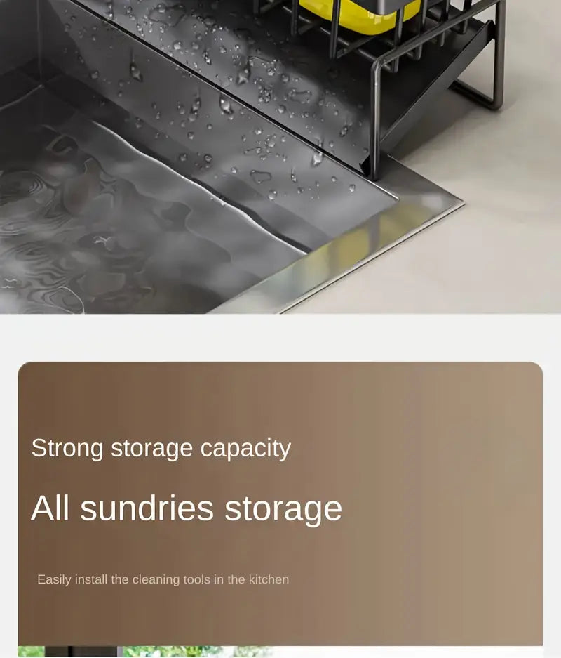   organizador de fregadero de cocina de acero inoxidable con espacio para toallas, estante de almacenamiento que ahorra espacio para esponjas, jabones, cepillos, paños, detalles 4