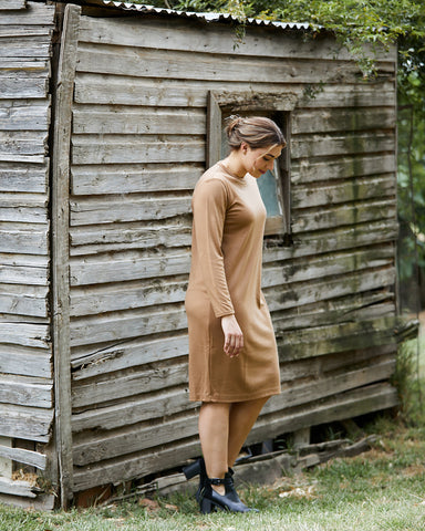 Woolerina Mothers Day Gift Idea Merino Wool Relaxed Fitting Crew Neck Dress in Camel