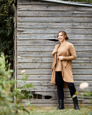 Woolerina Mothers Day Gift Idea Longline Merino Wool Cardigan with Scooped Hem in Camel