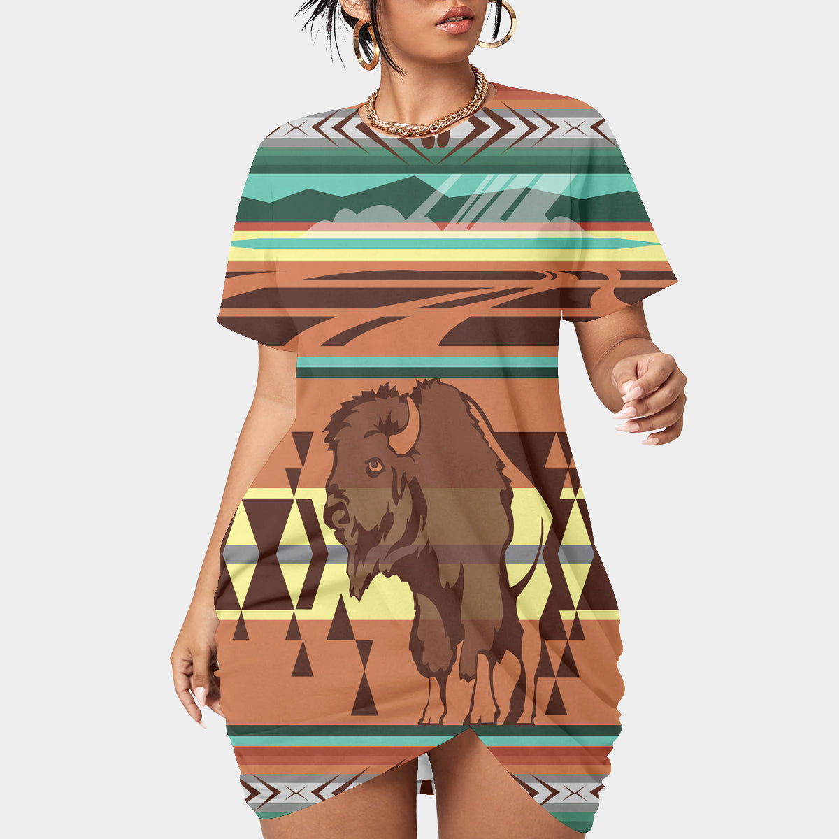 GB NAT00024 Bison Native Women S Stacked Hem Dress With Short Sleeve   14 544baa21 6ecc 4972 Adf5 D805caf608ea 