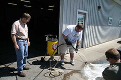 Bill Krokos demonstrates soda blasting for graffiti removal on concrete