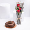 3 Red Roses Bouquet And Chocolate Cake