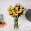 Bunch Of 12 Yellow Roses Glass Vase Arrangement