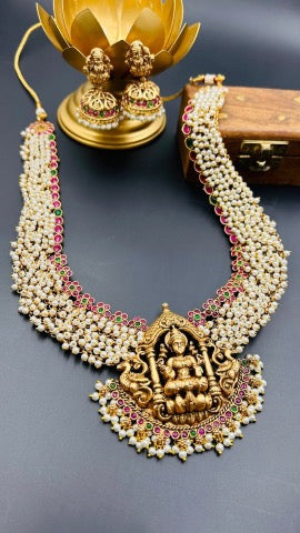 Bridal Lotus Shaped Multicolour Temple Necklace Set (Necklace With Earrings  Set)