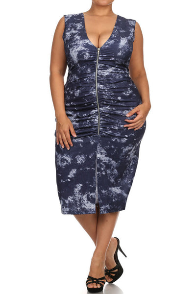 Plus Size Sky Clouds Ruched Zippered Midi Dress Plussizefix 