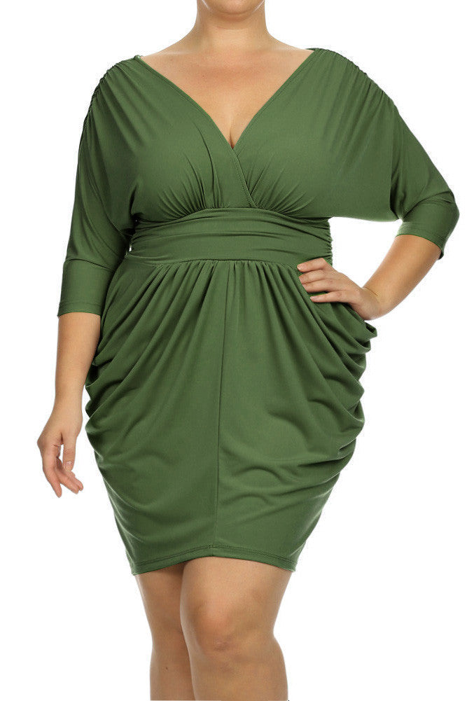 Plus Size Divine V Neck Pleated Olive Dress – Plussizefix