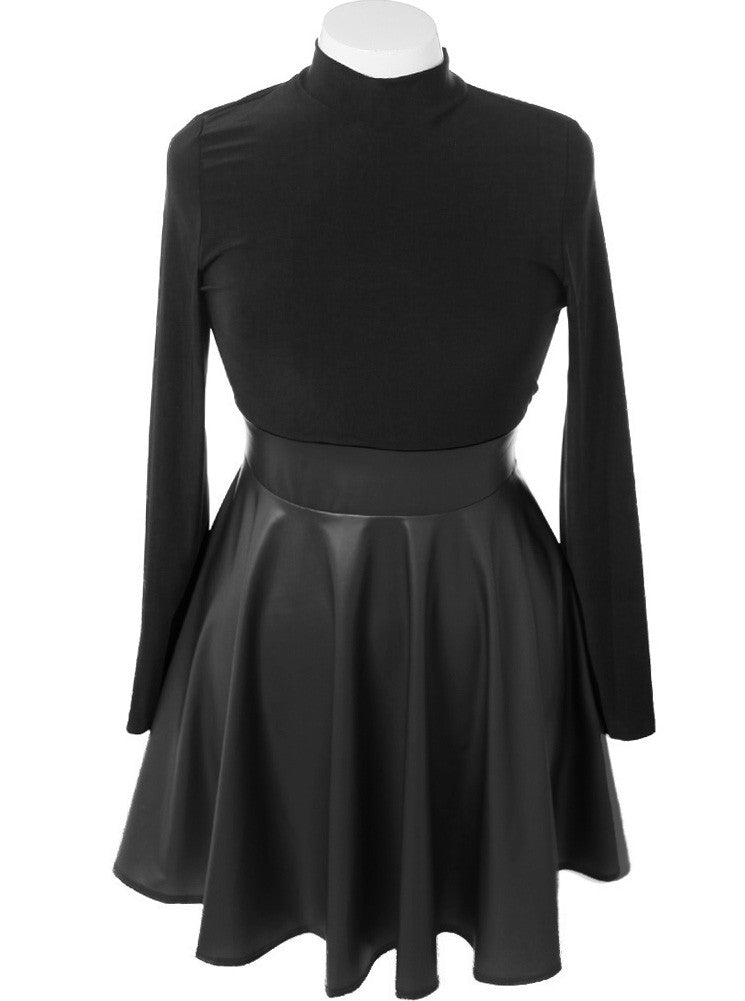 Plus Size Leather Skirt Long Sleeve Black Dress – Plussizefix