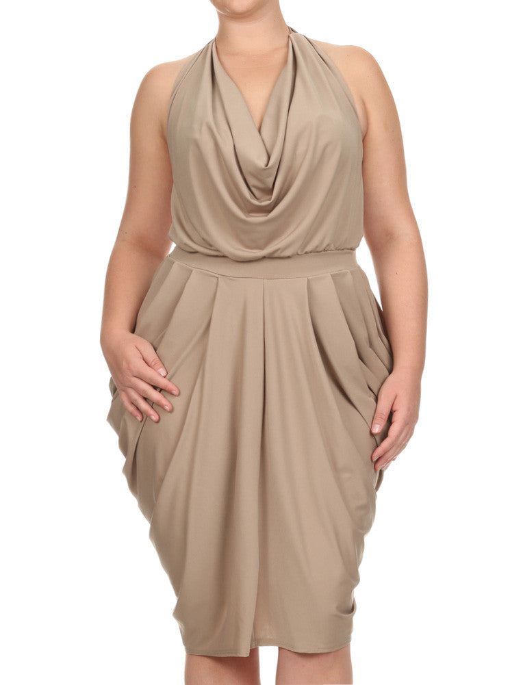 Plus Size Halter Cowl Neck V Hem Tan Dress – Plussizefix