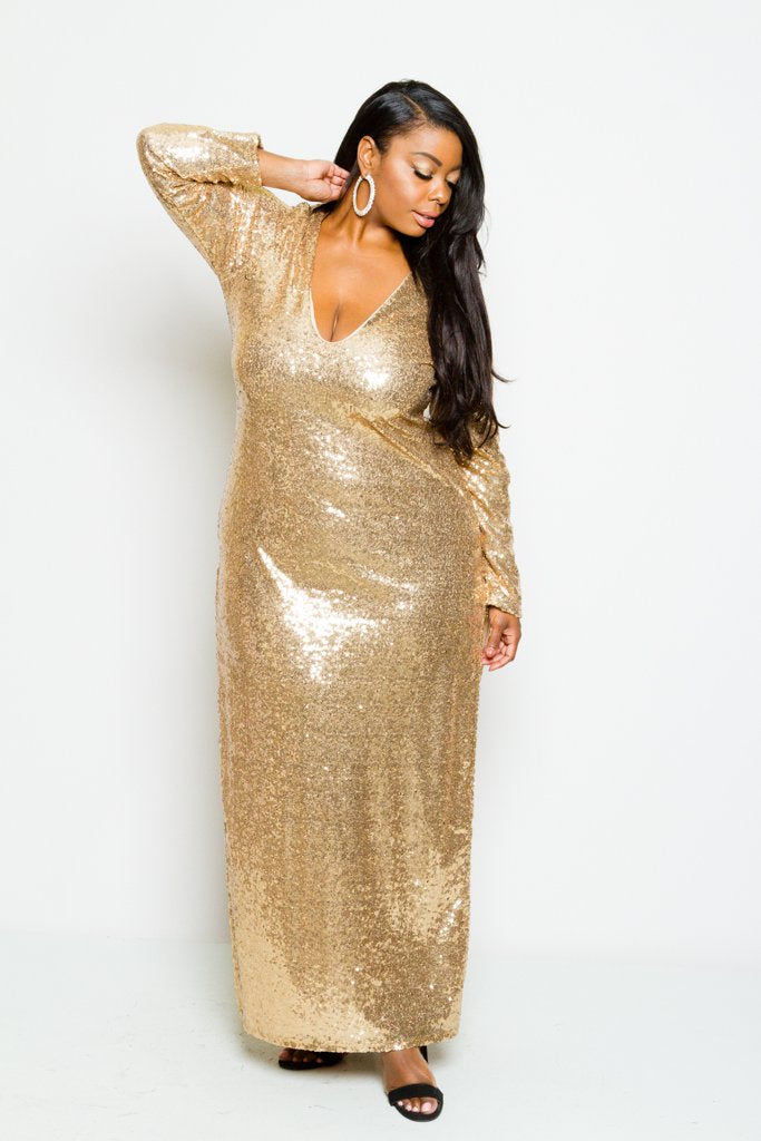 long sleeve gold sequin dress plus size