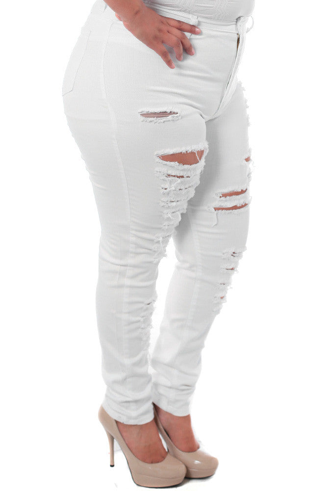 Plus Size High Waist Slashed White Denim Jeans – Plussizefix