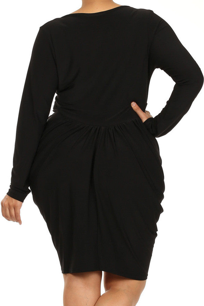 Plus Size Long Sleeve V Neck Bubble Black Dress – Plussizefix