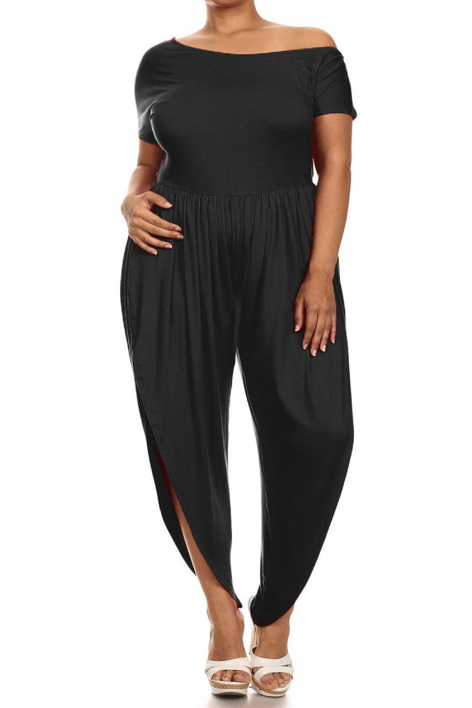 Plus Size Open Leg Off Shoulder Black Jumpsuit – Plussizefix