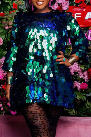 Plus Size Green Sequin Round Neck Mini Dress - Plussizefix