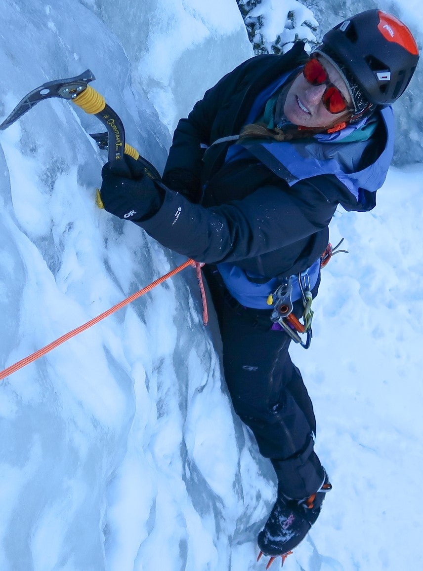 Mountain guide Jessica Baker climbs steep ice in the X-Gaiter.