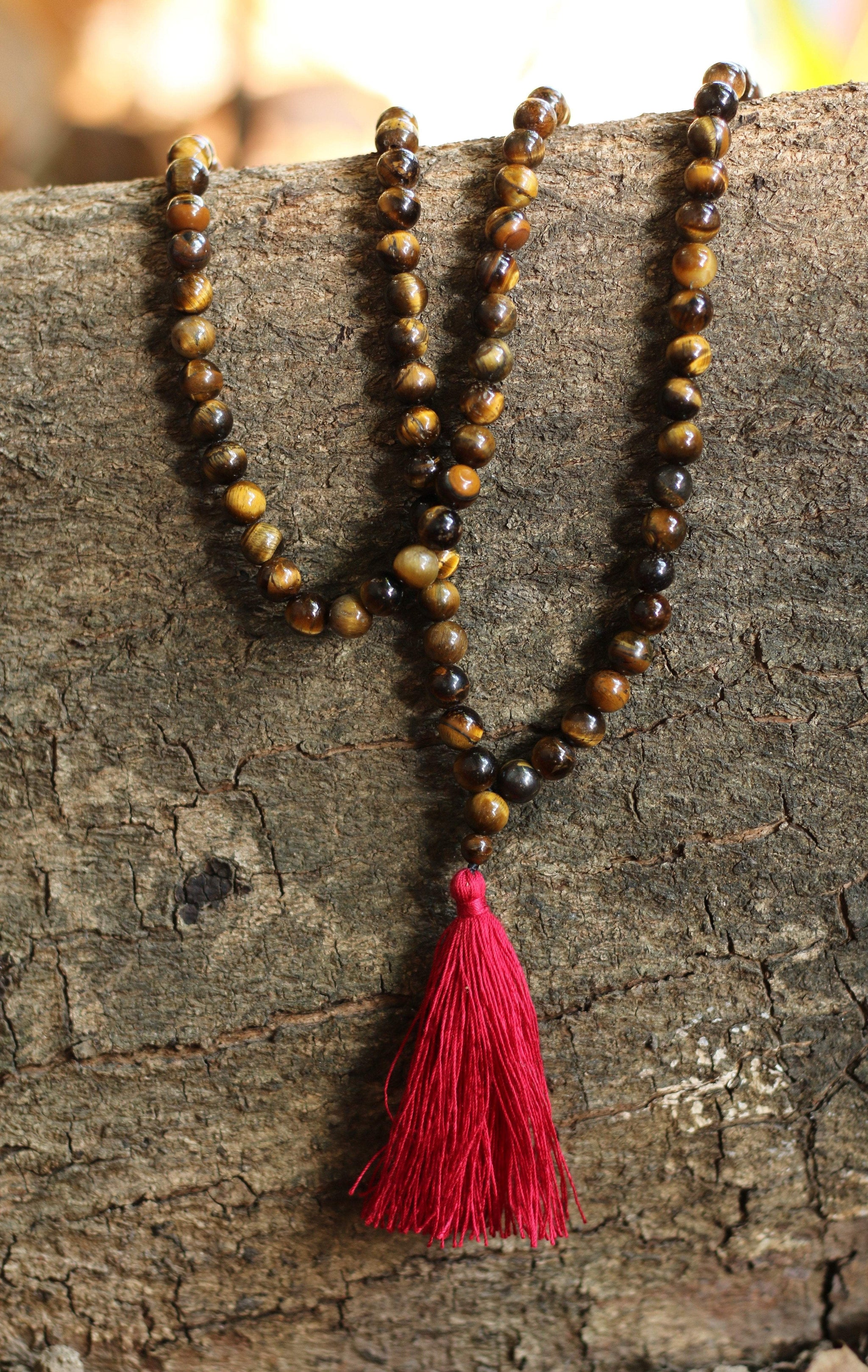 Rudraksha Buddhist Mala Beads Necklace with Red Tassels - One