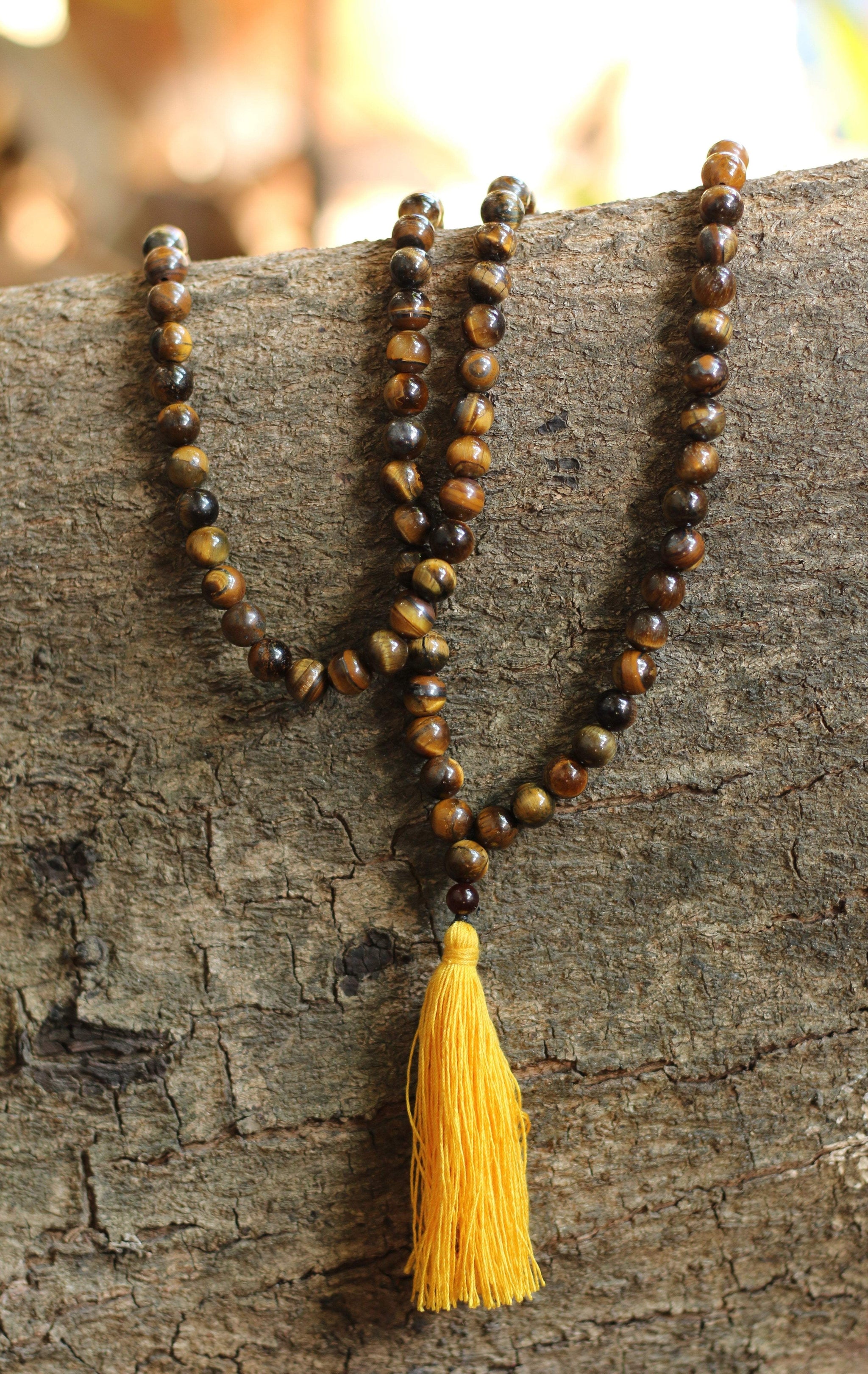 Tiger Eye Buddhist Mala Beads Necklace with Red Tassels - One Tribe Apparel