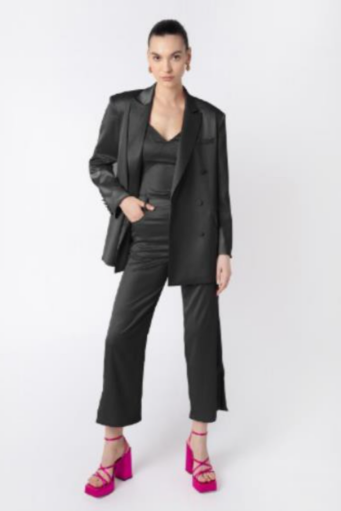 Bebe Satin Lace Tailored Blazer Jacket in Black