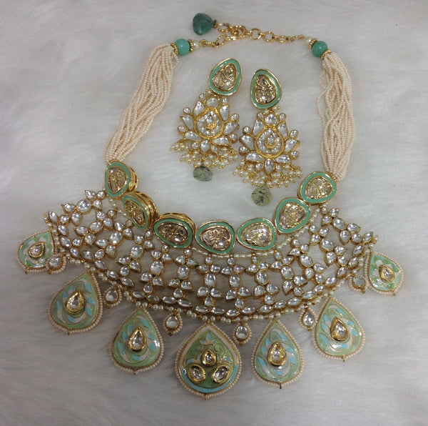 Classy Mint Green Meena Kundan Choker 