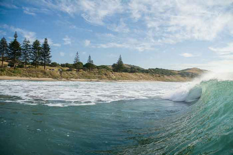 Surfing photo taken from the water showing a barrel at the Pines surf break in Gisborne