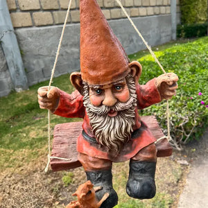 18" Resin Gnome w/ Squirrel Swinging On A Wood Board - Rock Gardens