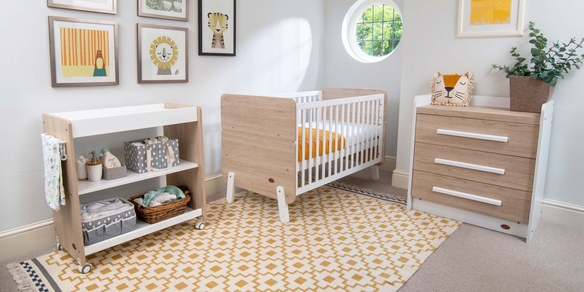 natty nursery set in bright nursery with yellow accents