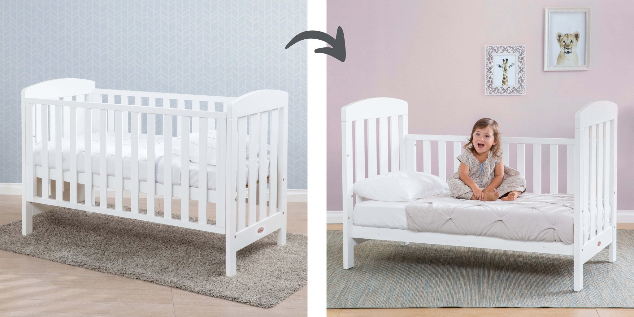 cot bed with one side removed to make toddler bed