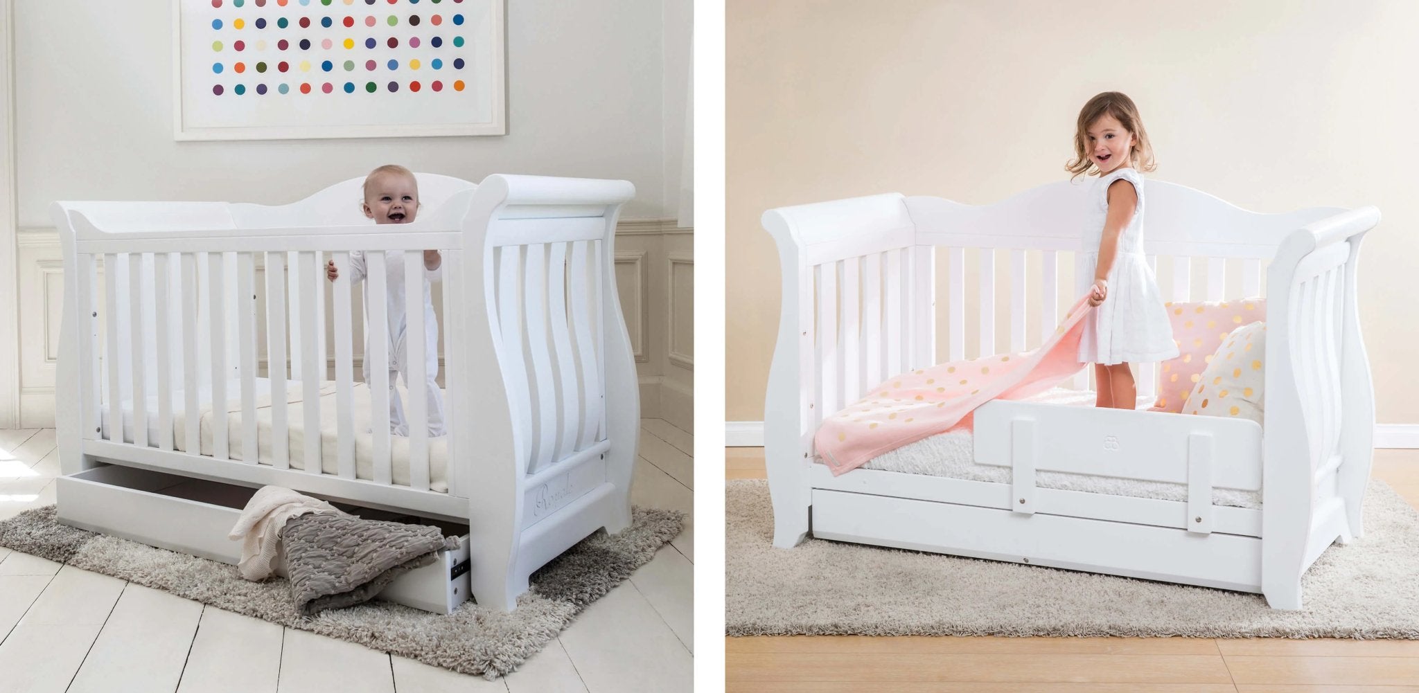 sleigh cot bed in cot mode and toddler bed mode