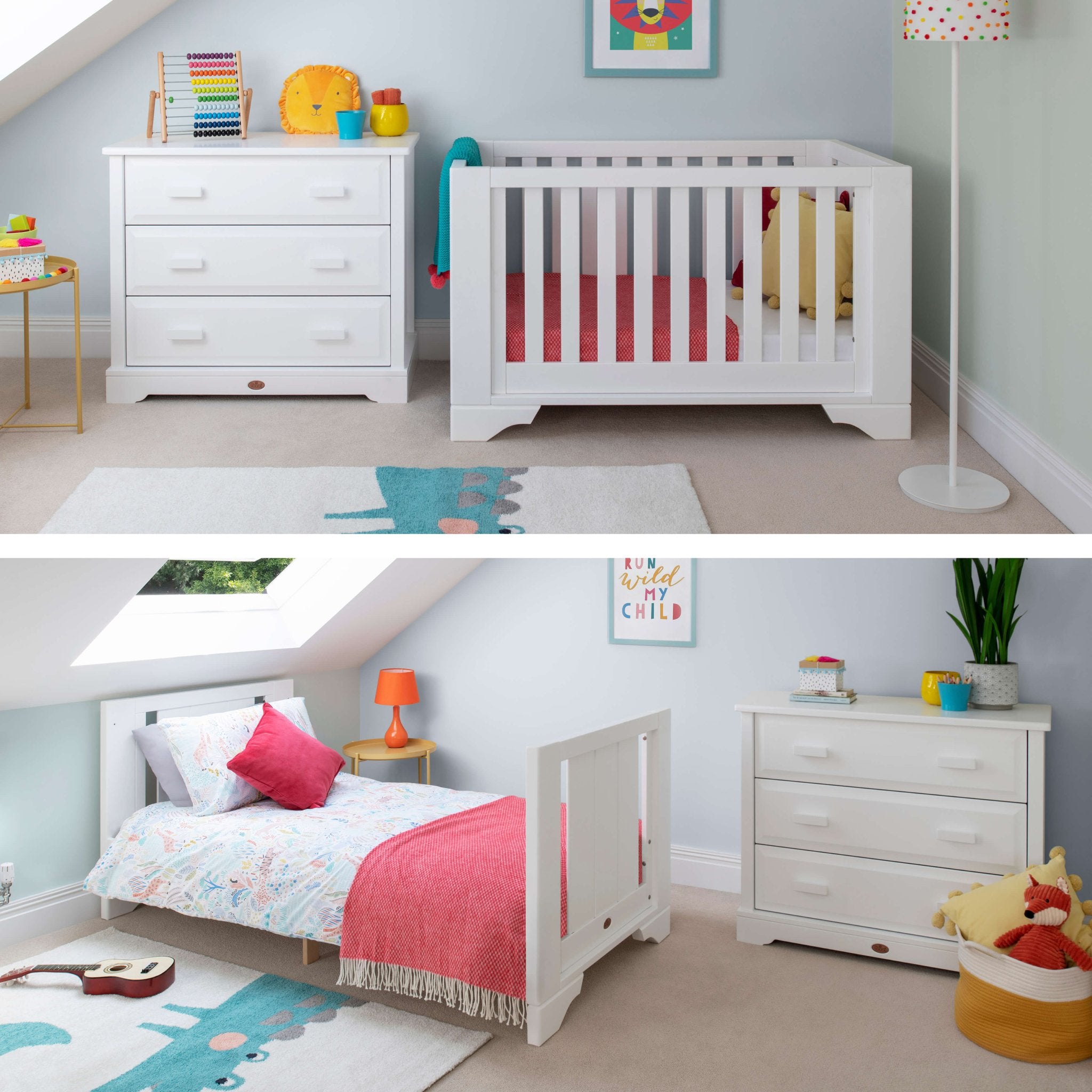 cot bed and dresser in nursery converted into single bed