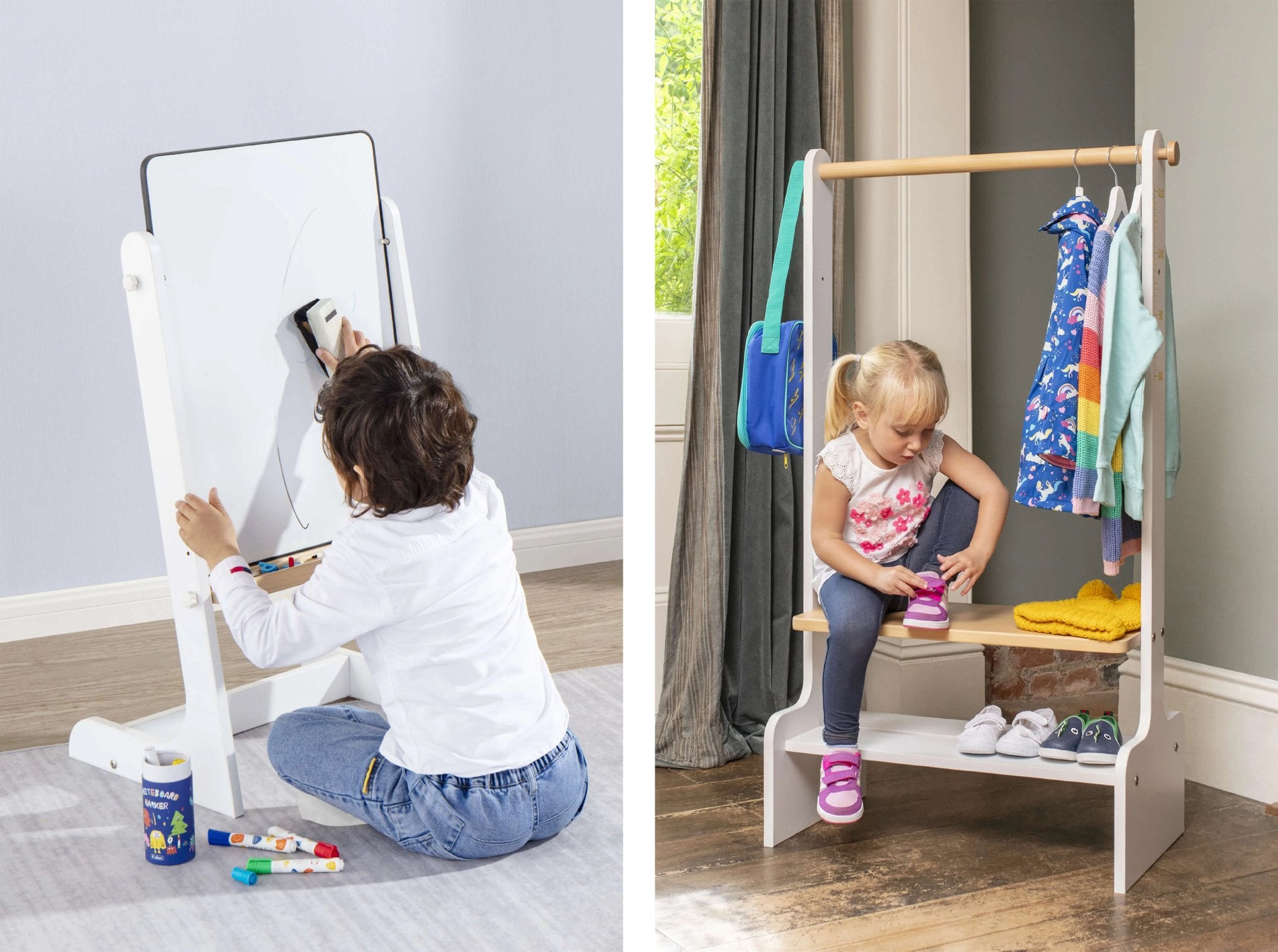 children playing with drawing board and clothing rack