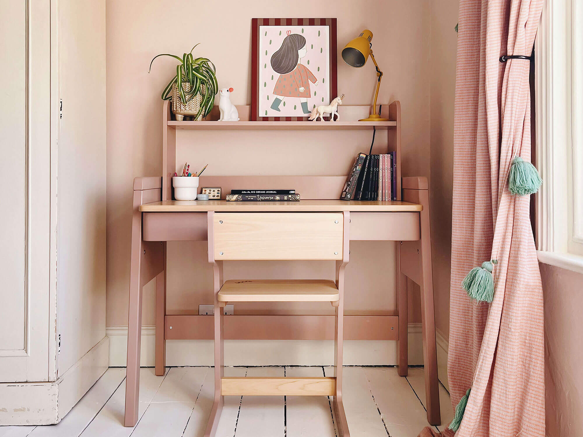 Desk set up with blush pink and teal decor