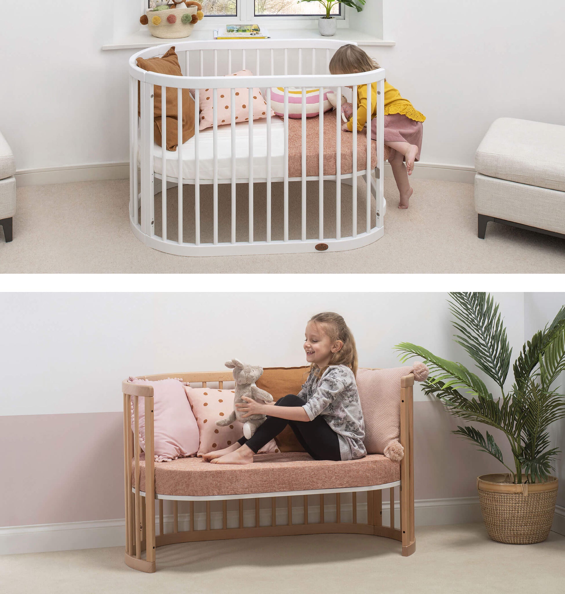 Oasis Oval Cot in toddler bed mode and sofa mode