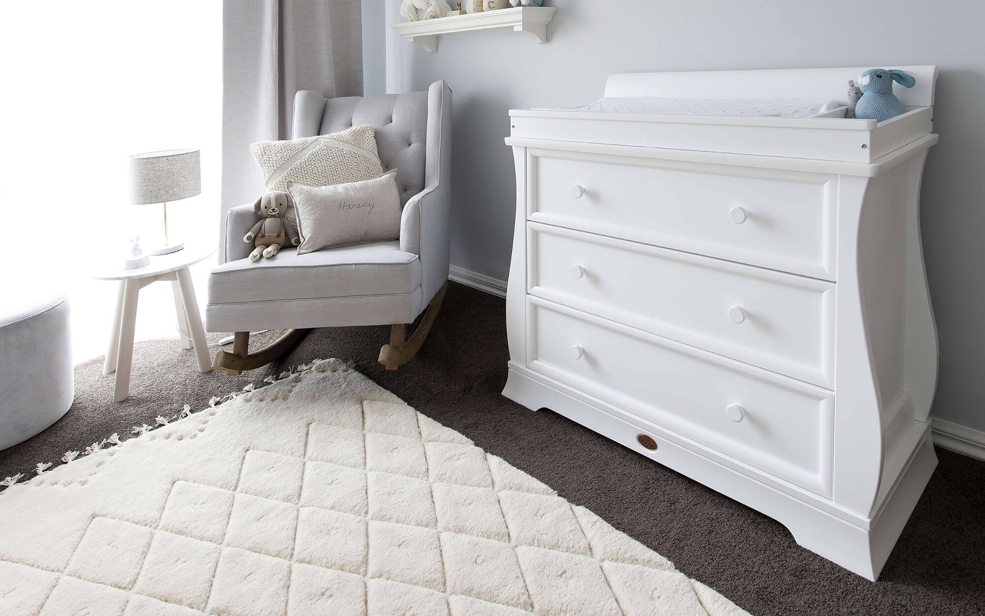 White 3 Drawer Dresser in light neutral room