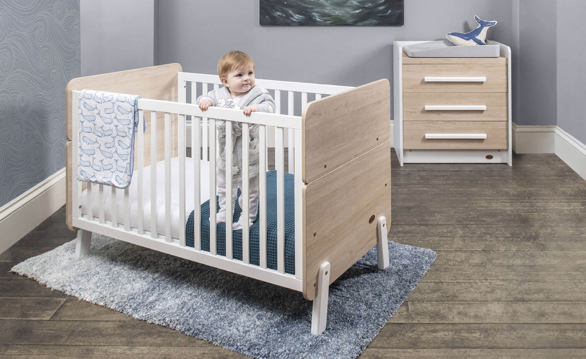Natty Cot Bed and Neat 3 Drawer Chest in nautical nursery