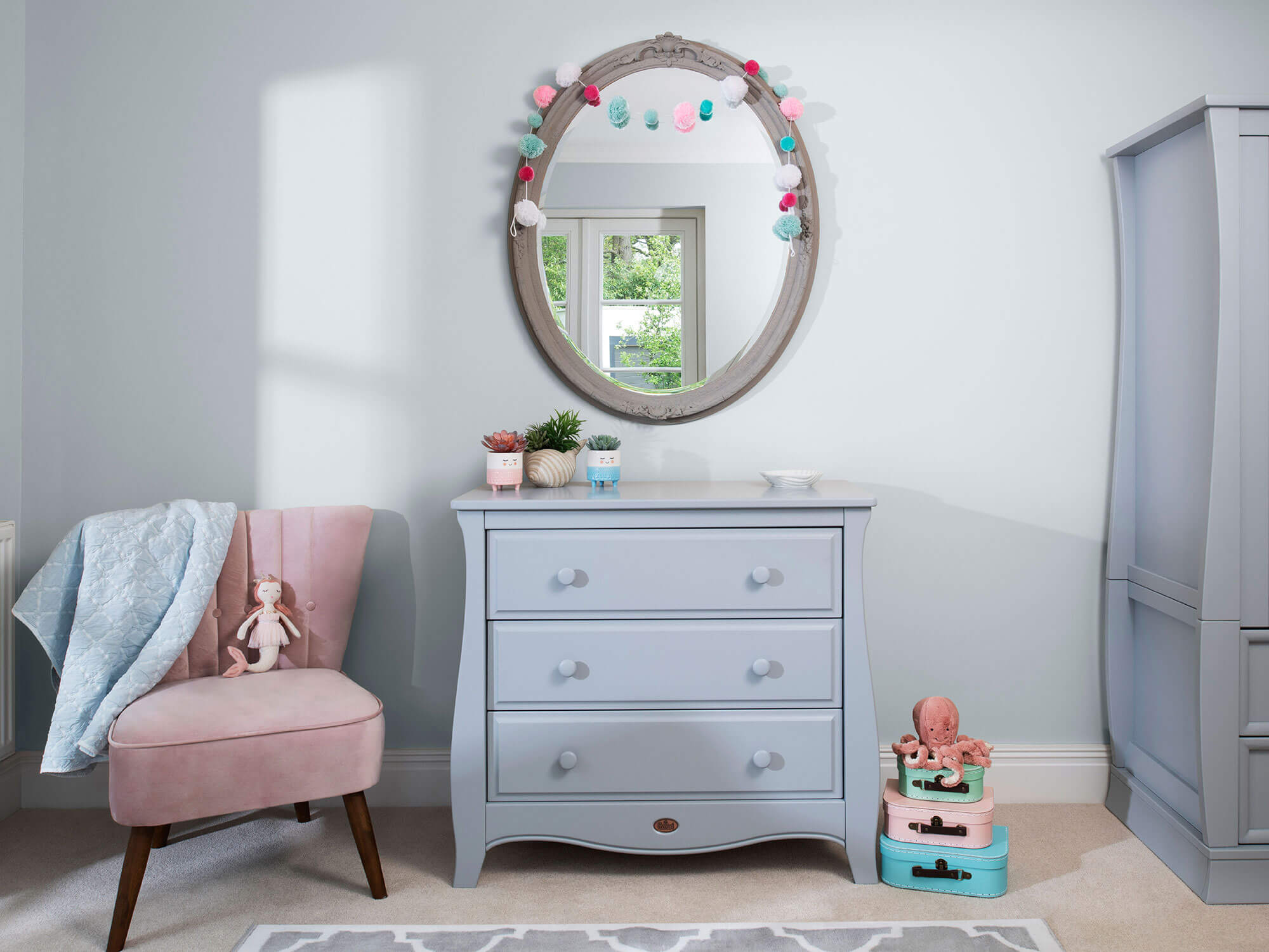 Sleigh Chest of Drawers Smart Assembly with mirror above it