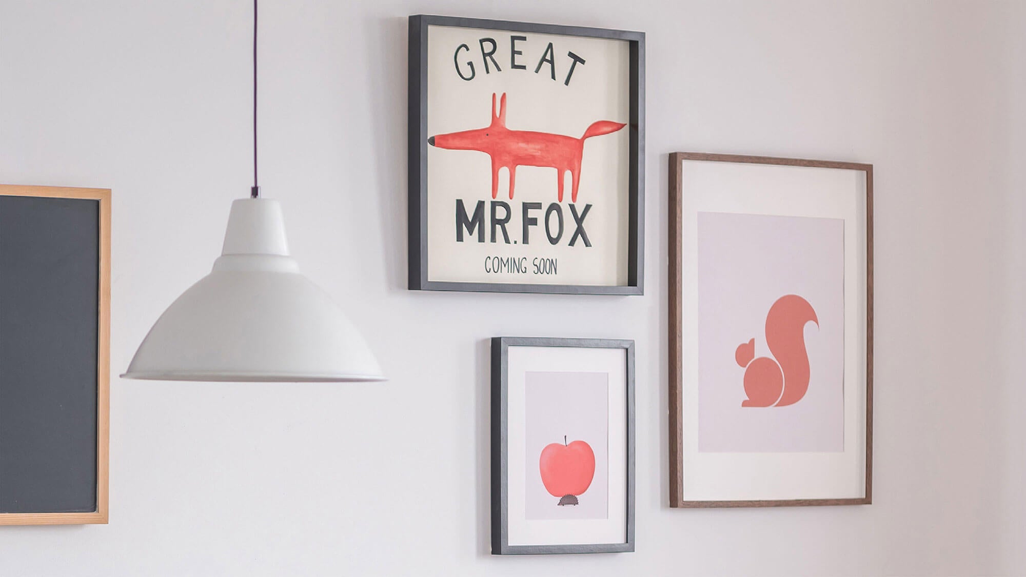 Fun orange nursery prints, a fox, a squirrel and a fruit