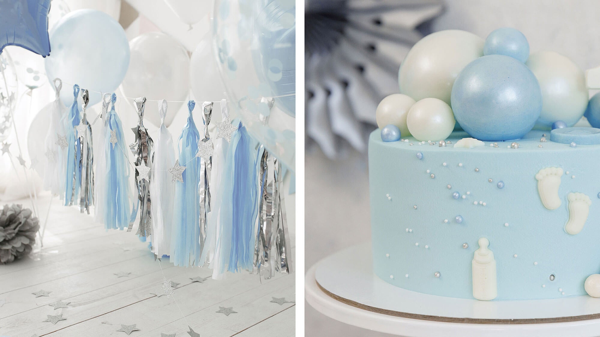 Blue and white tassel bunting and cake