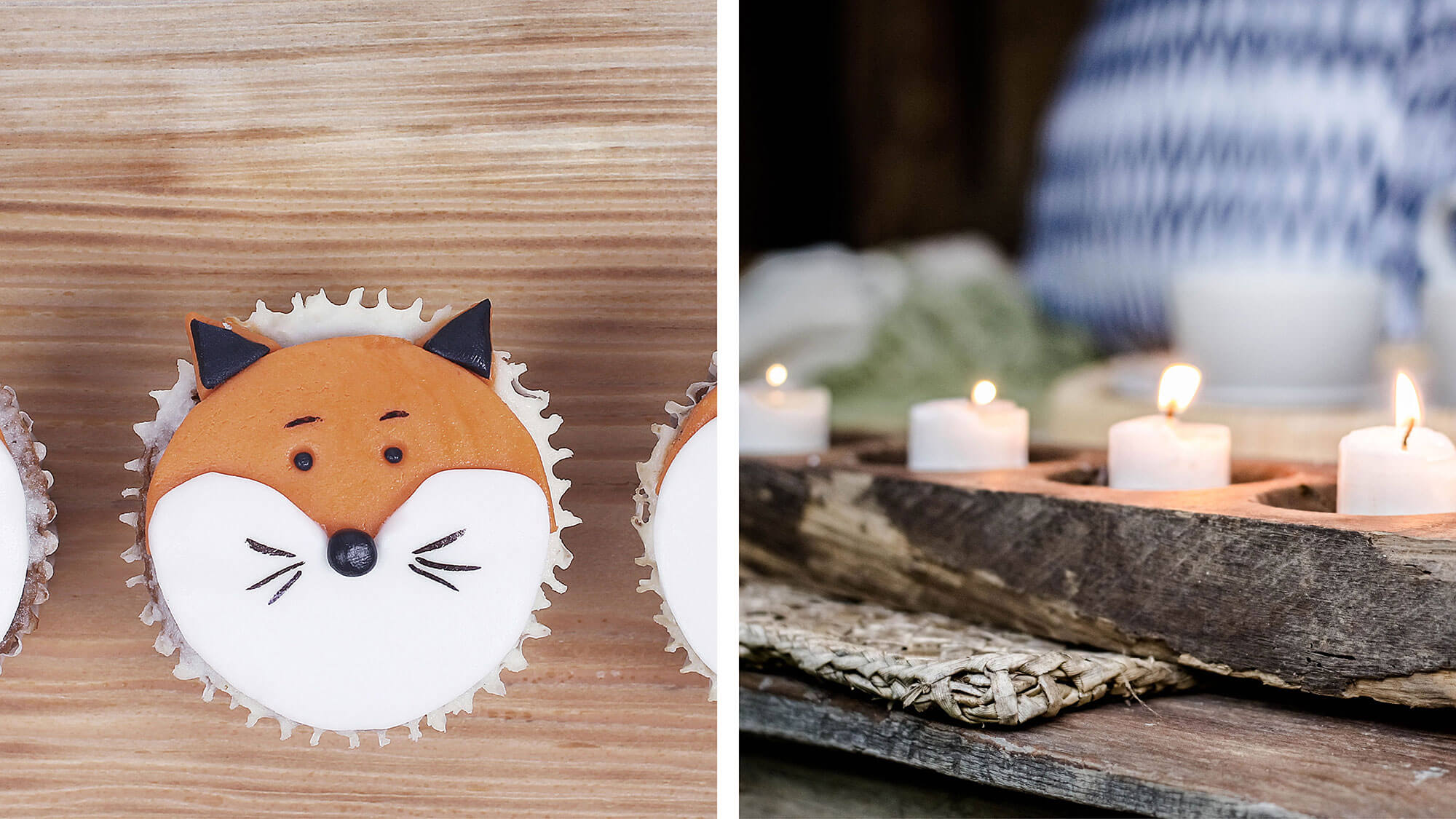 Fox cupcake and wooden candle holder