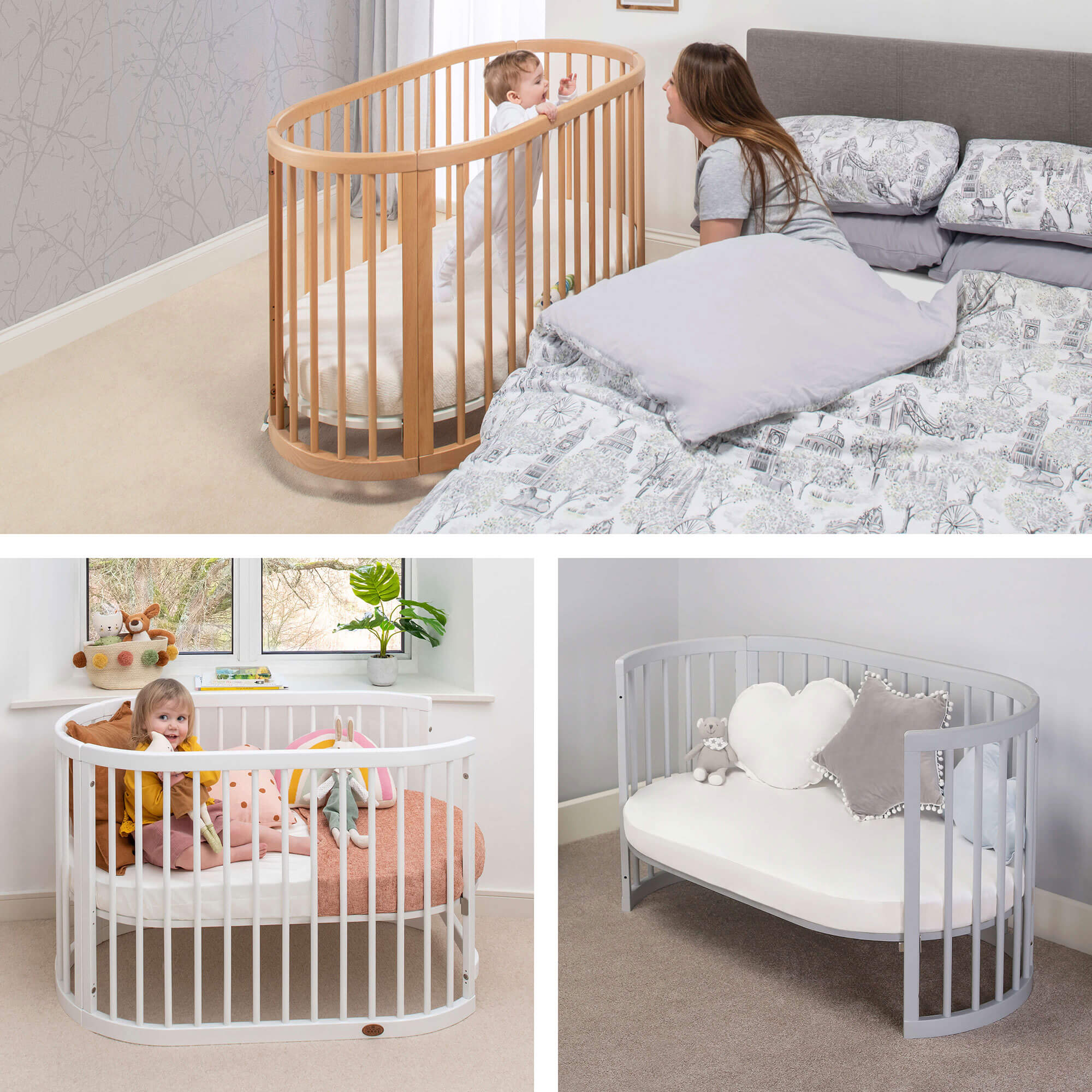 Oasis oval cot as a bedside sleeper, toddler bed and sofa.