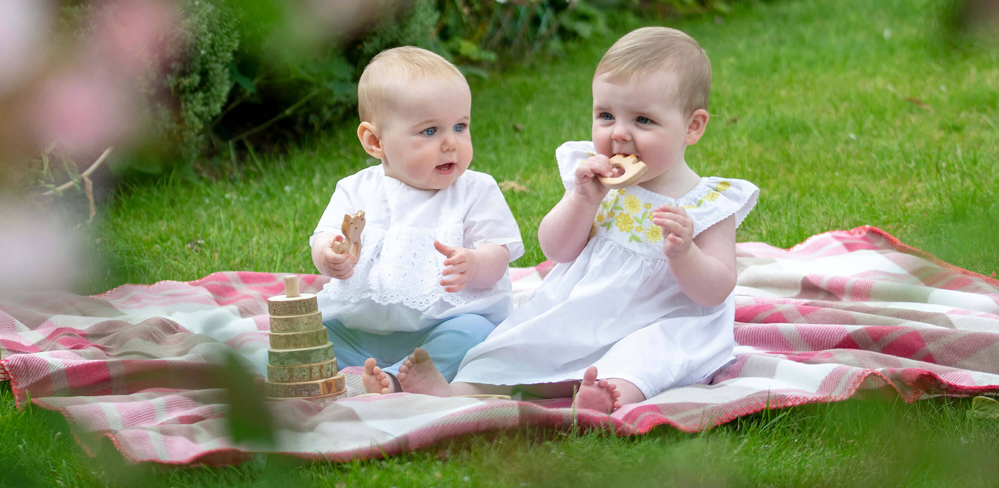 2 babies on a picnic blanket