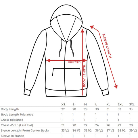 zip up hoodie size chart