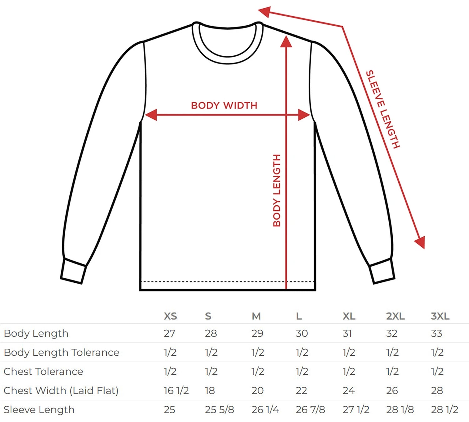 long sleeve shirt size chart