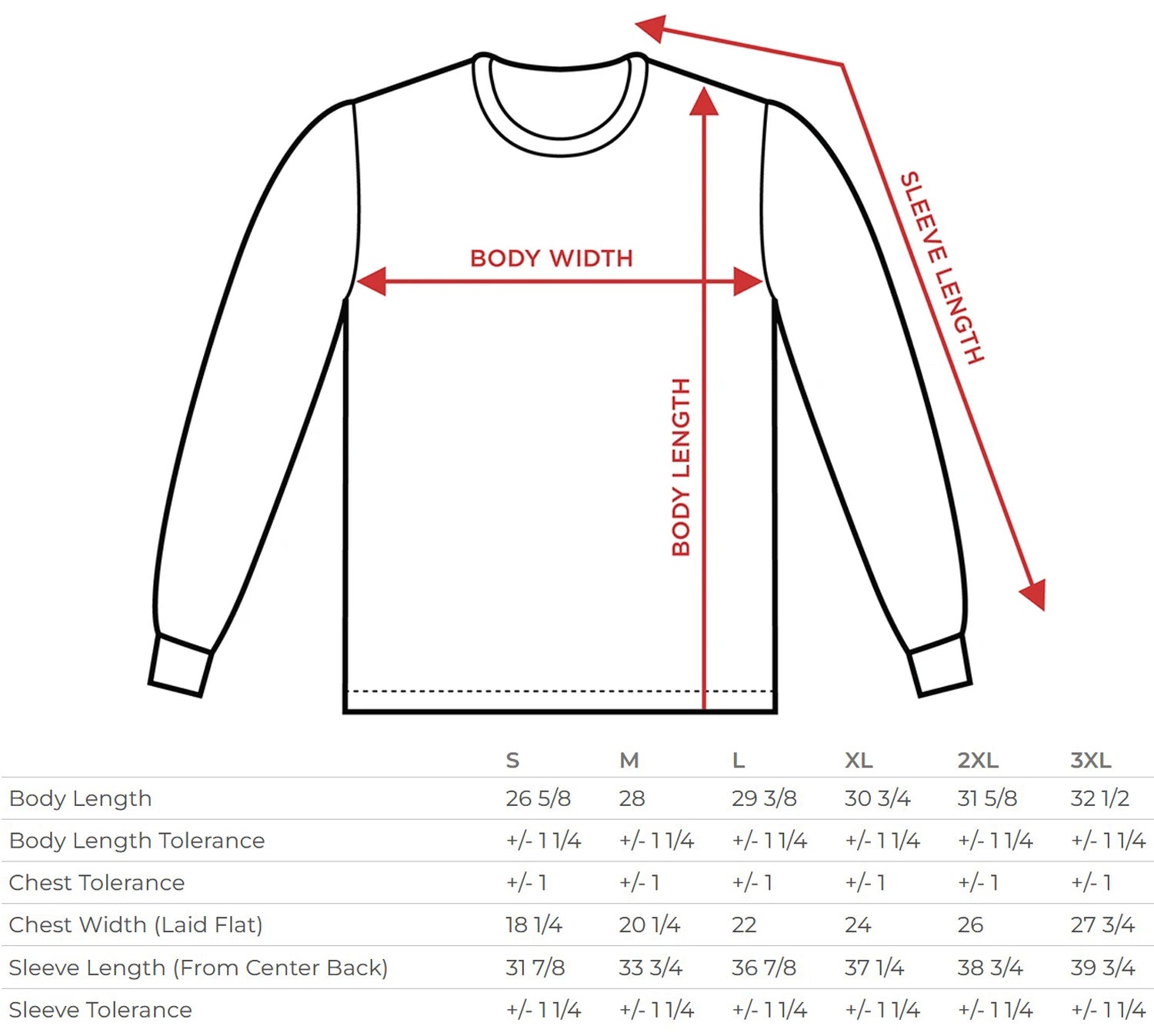 long sleeve size chart