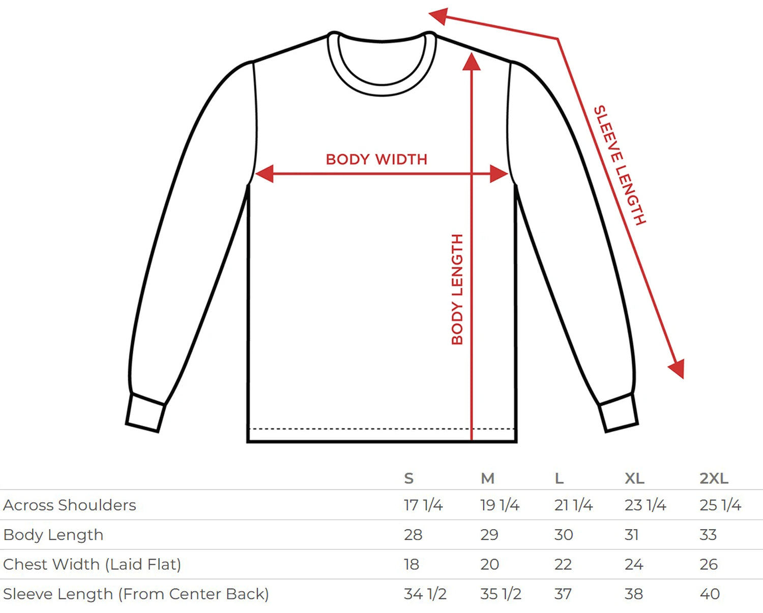 long sleeve size chart