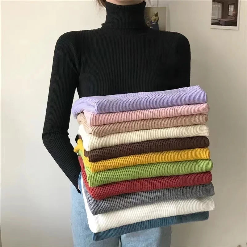 Toleet Y2K Street Style ZOKI Simple Women Turtleneck Sweater Winter Fashion Pullover Elastic Knit Ladies Jumper Casual Solid Black Female Basic Tops