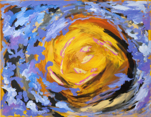 Image of an abstract painting with brushstrokes in circular motion in yellow, purple and black.