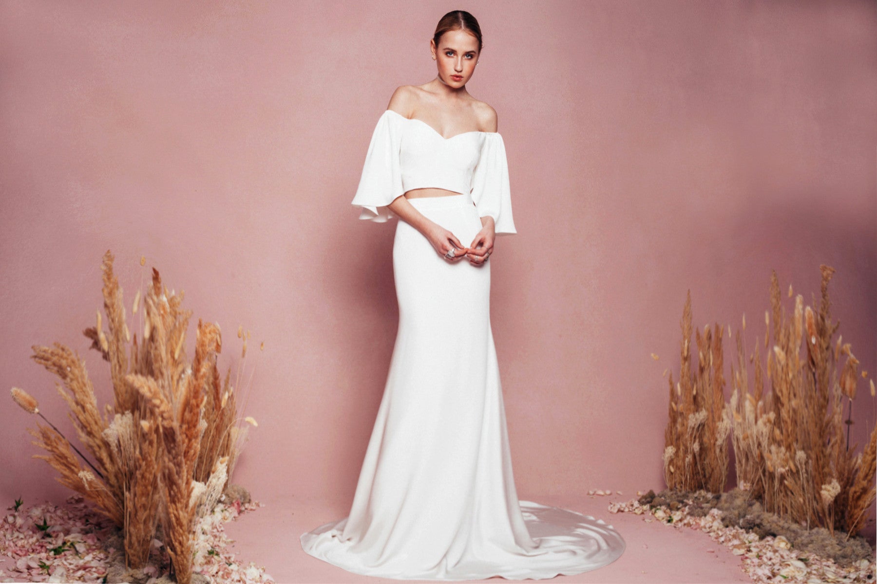 bardot a line wedding dress