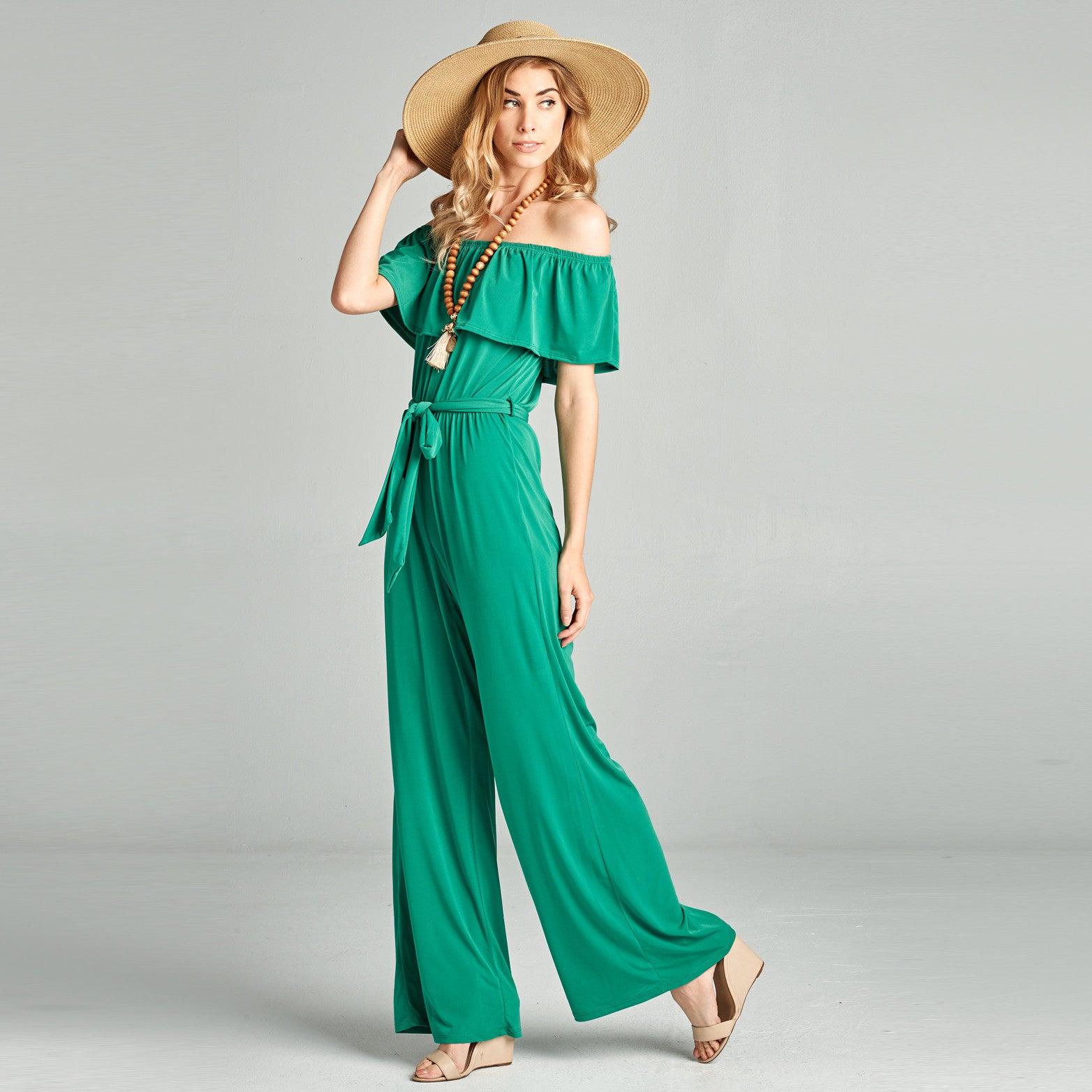 green off the shoulder jumpsuit